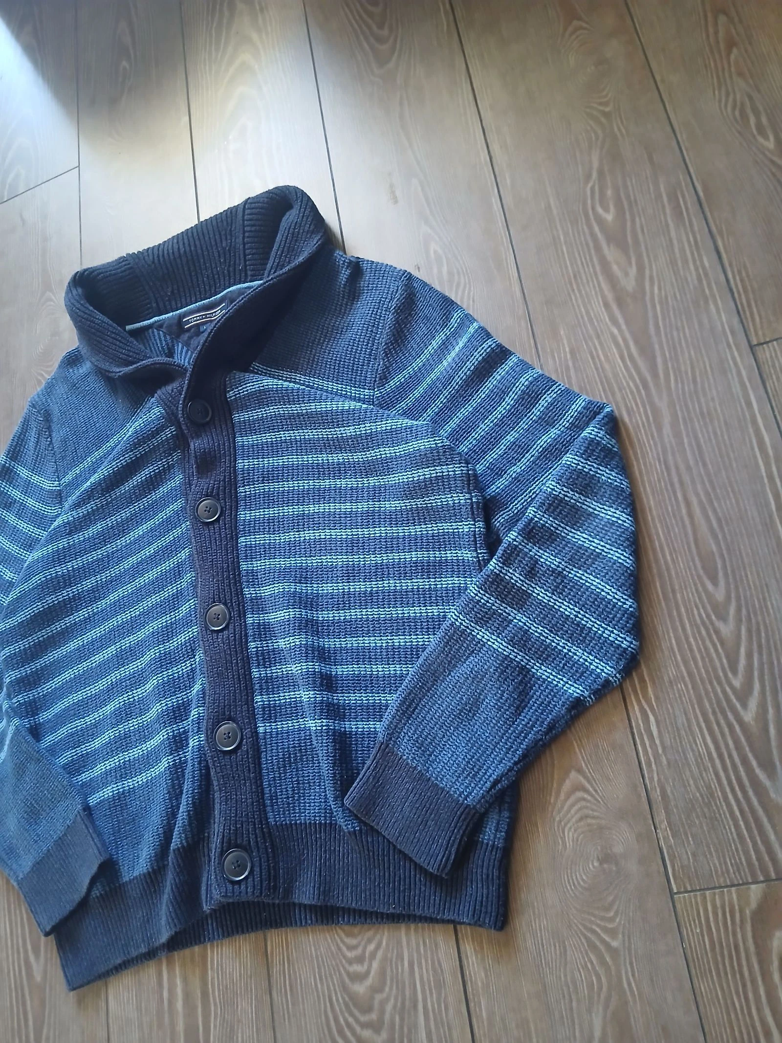 Tommy Hilfiger blauwe gestreepte shawl kraag cardigan trui maat L vintage gebreid – photo 2